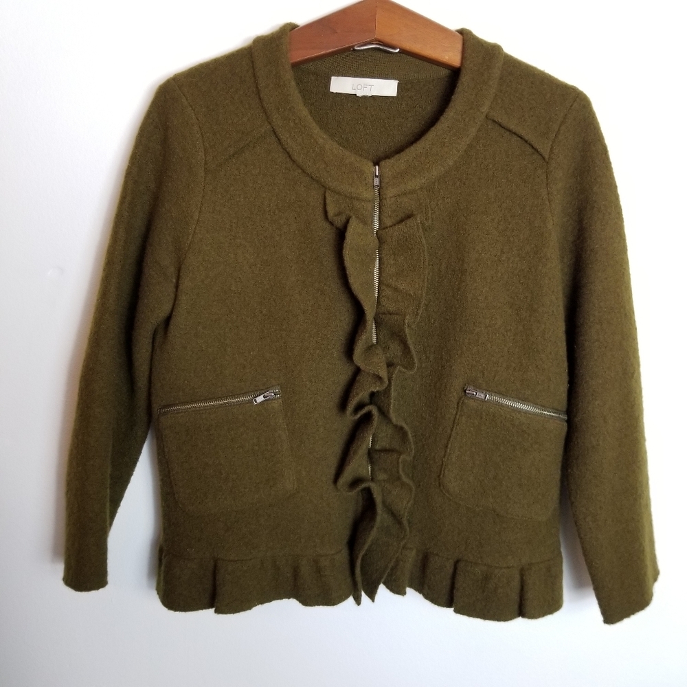 LOFT Merino Wool Dark Olive Green Ruffle Front Zip Waist Jacket